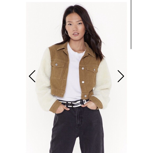 Nasty Gal Tan Khaki Corduroy Sherpa Crop Jacket Size 10 Medium NEW - Picture 2 of 7